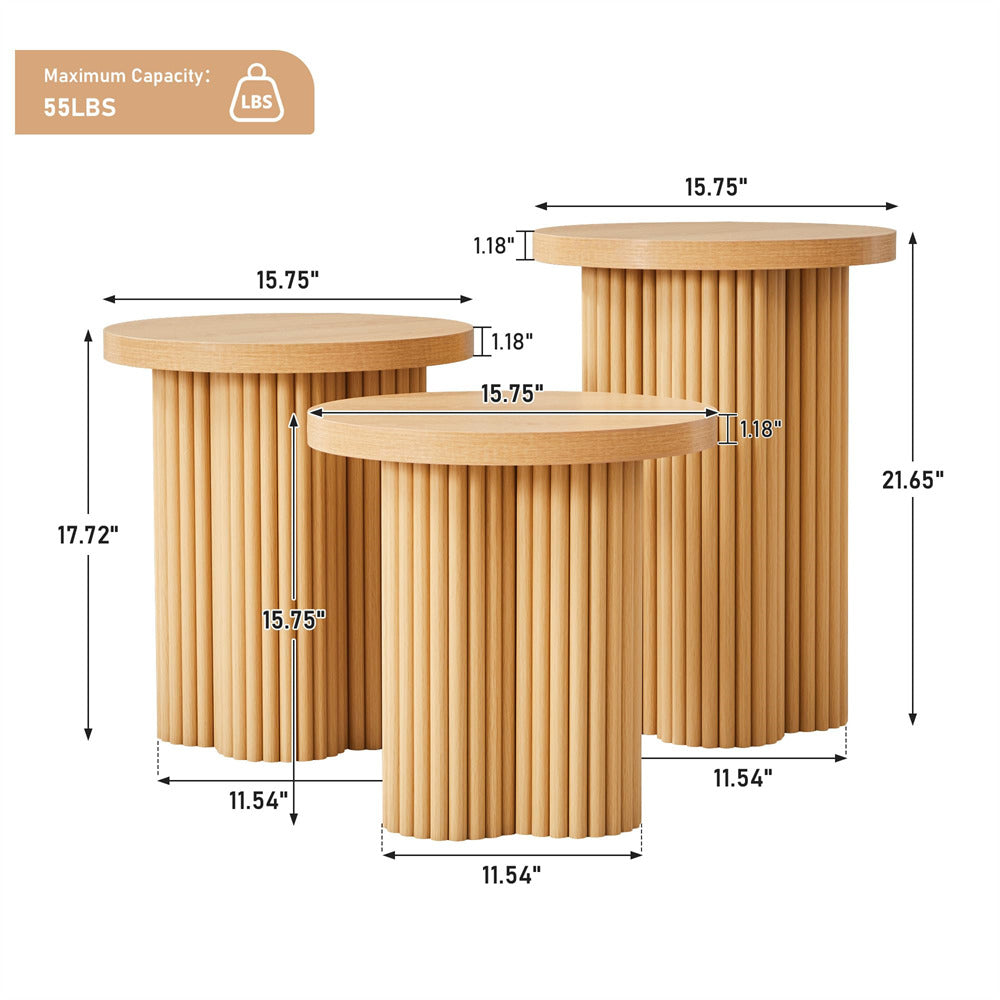 Natural Mid Century Modern Fluted Round Nesting Coffee Table Set of 3