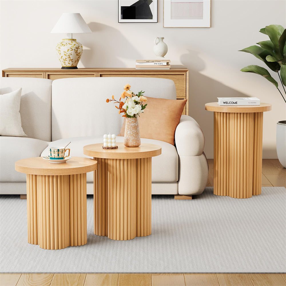 Natural Mid Century Modern Fluted Round Nesting Coffee Table Set of 3