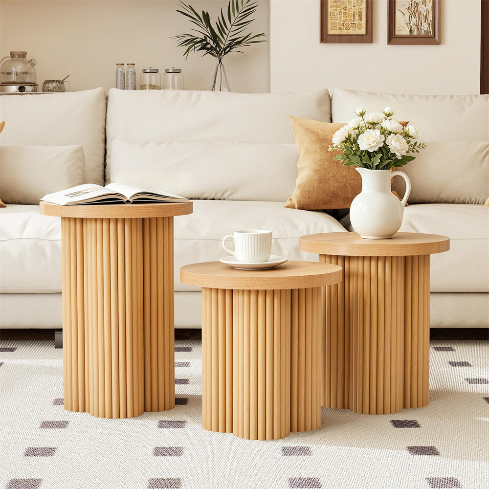 Natural Mid Century Modern Fluted Round Nesting Coffee Table Set of 3