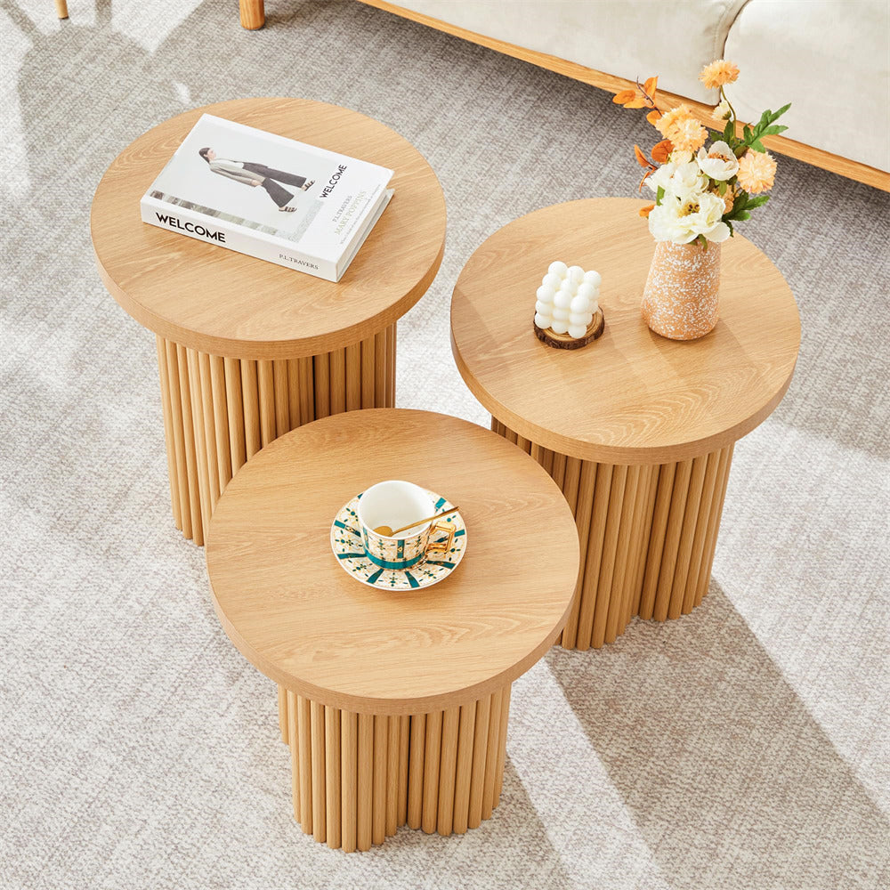 Natural Mid Century Modern Fluted Round Nesting Coffee Table Set of 3