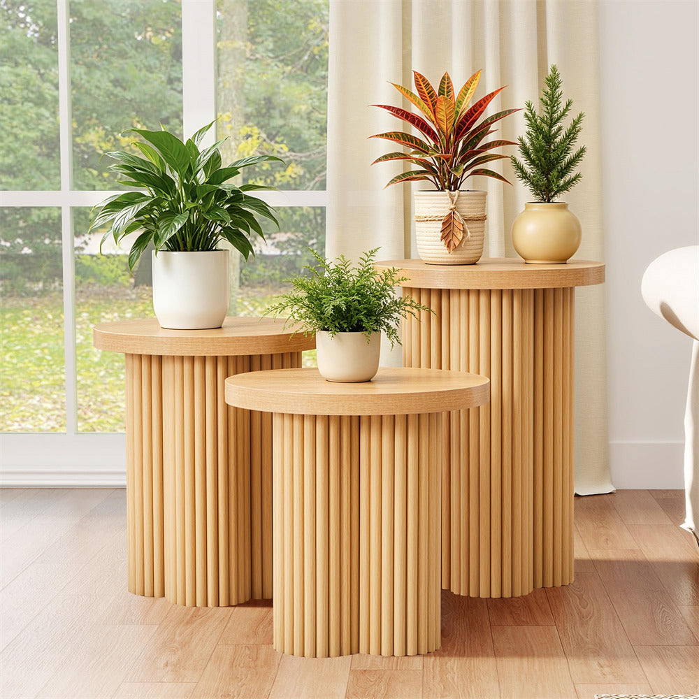 Natural Mid Century Modern Fluted Round Nesting Coffee Table Set of 3