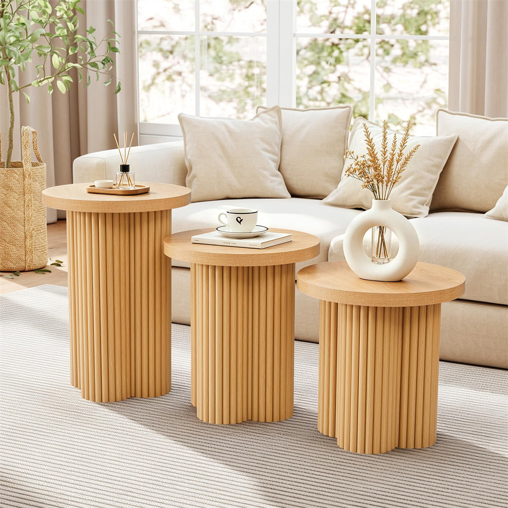 Natural Mid Century Modern Fluted Round Nesting Coffee Table Set of 3