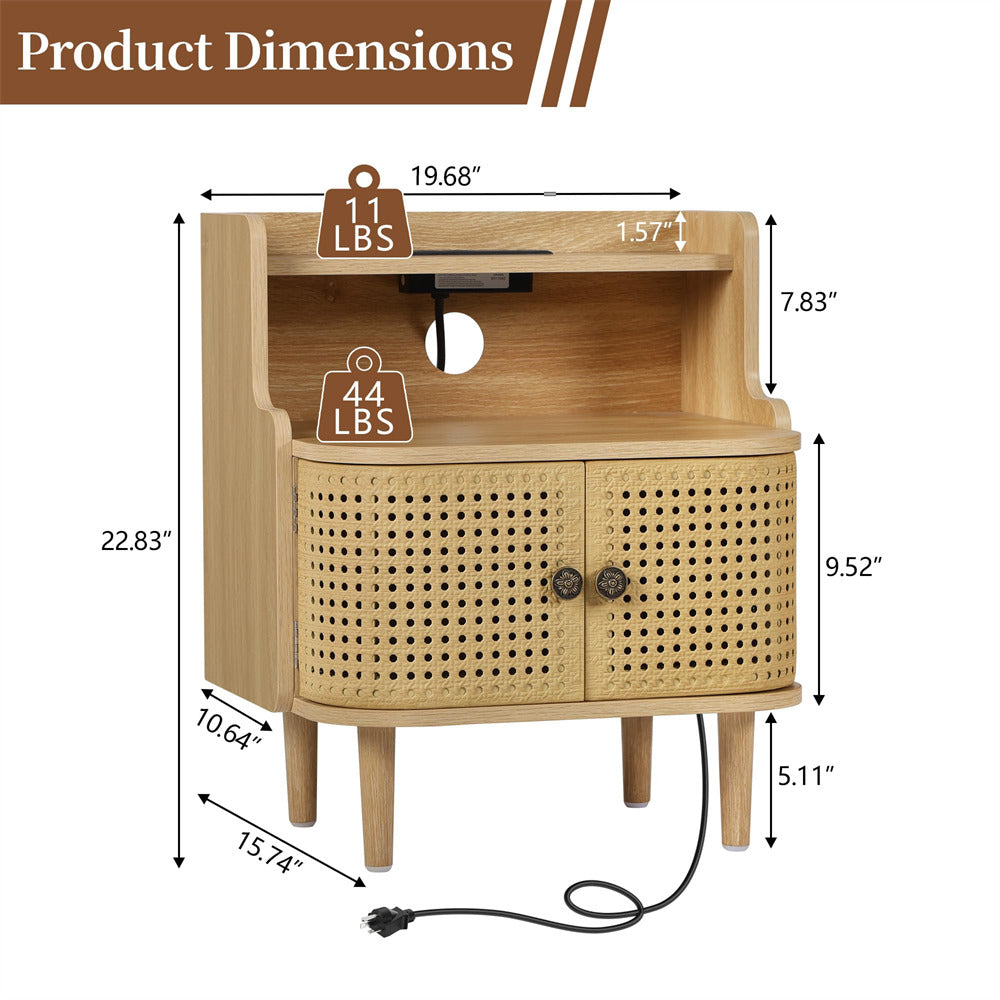 Wooden nightstand with dimensions and weight label on a white background
