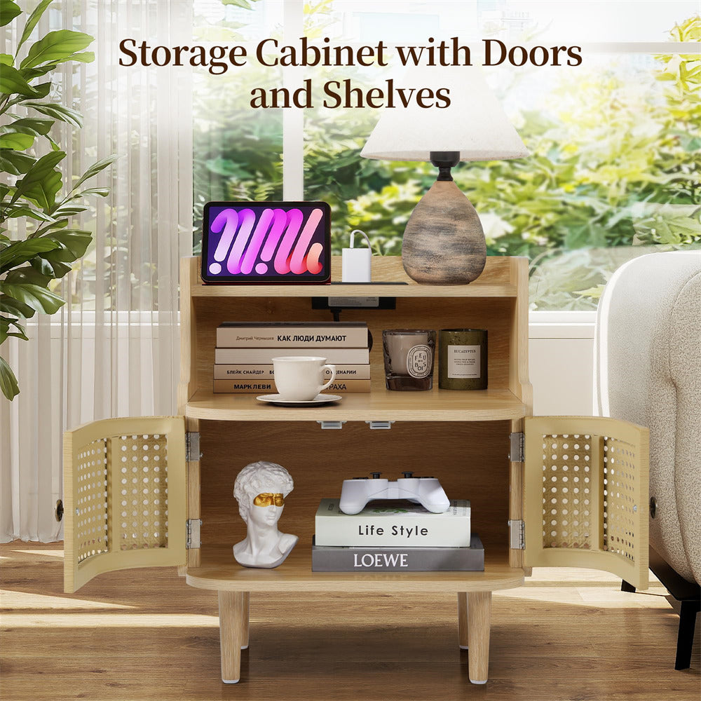 Wooden storage cabinet with doors and shelves in a living room setting.