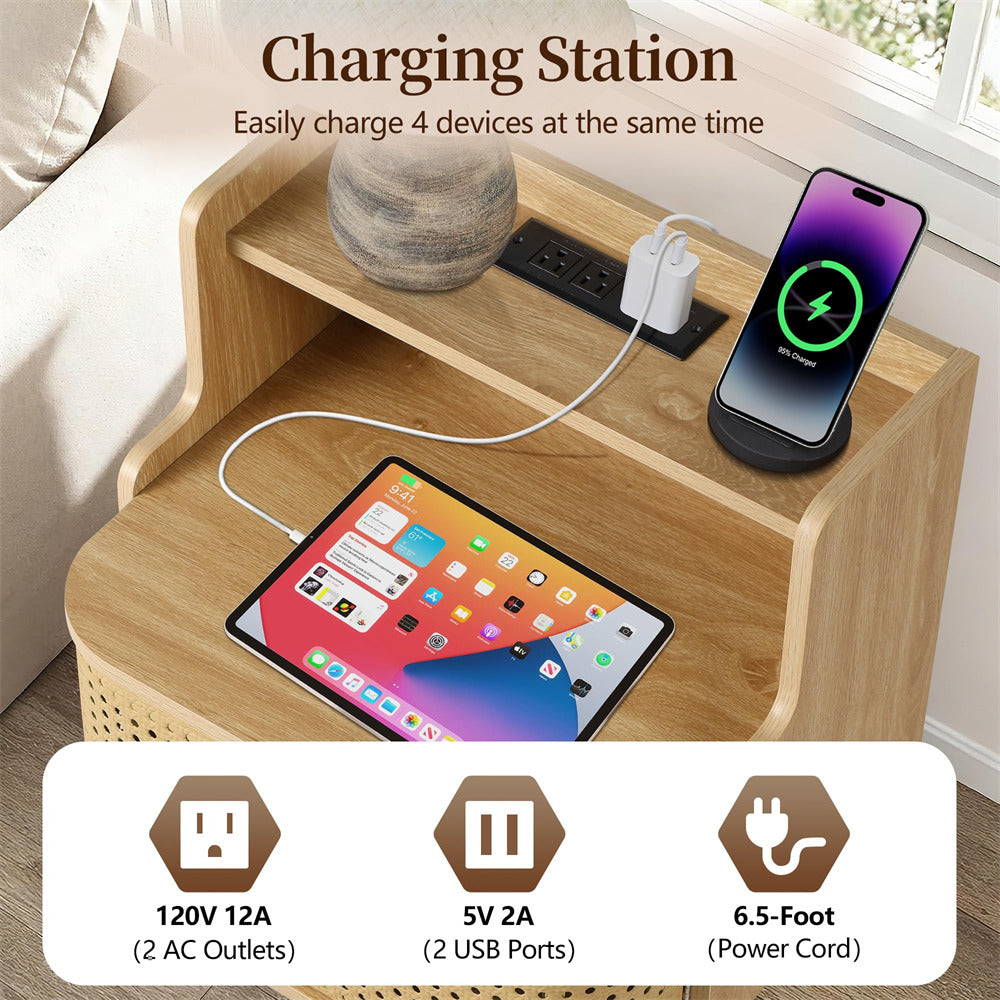 Wooden charging station with multiple devices being charged, including a phone and tablet.