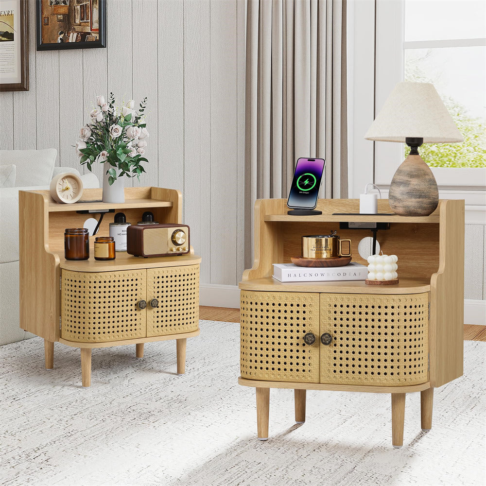 Two wooden side tables with wicker designs in a living room setting.