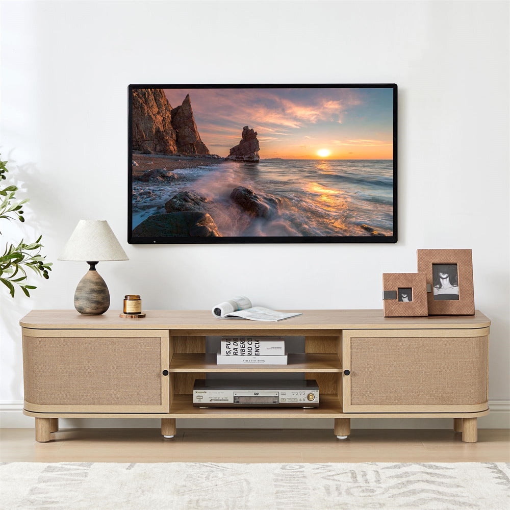 Natural Mid Century Modern TV Stand Media Console Table with Curved Profile Design & Nature Linen Doors