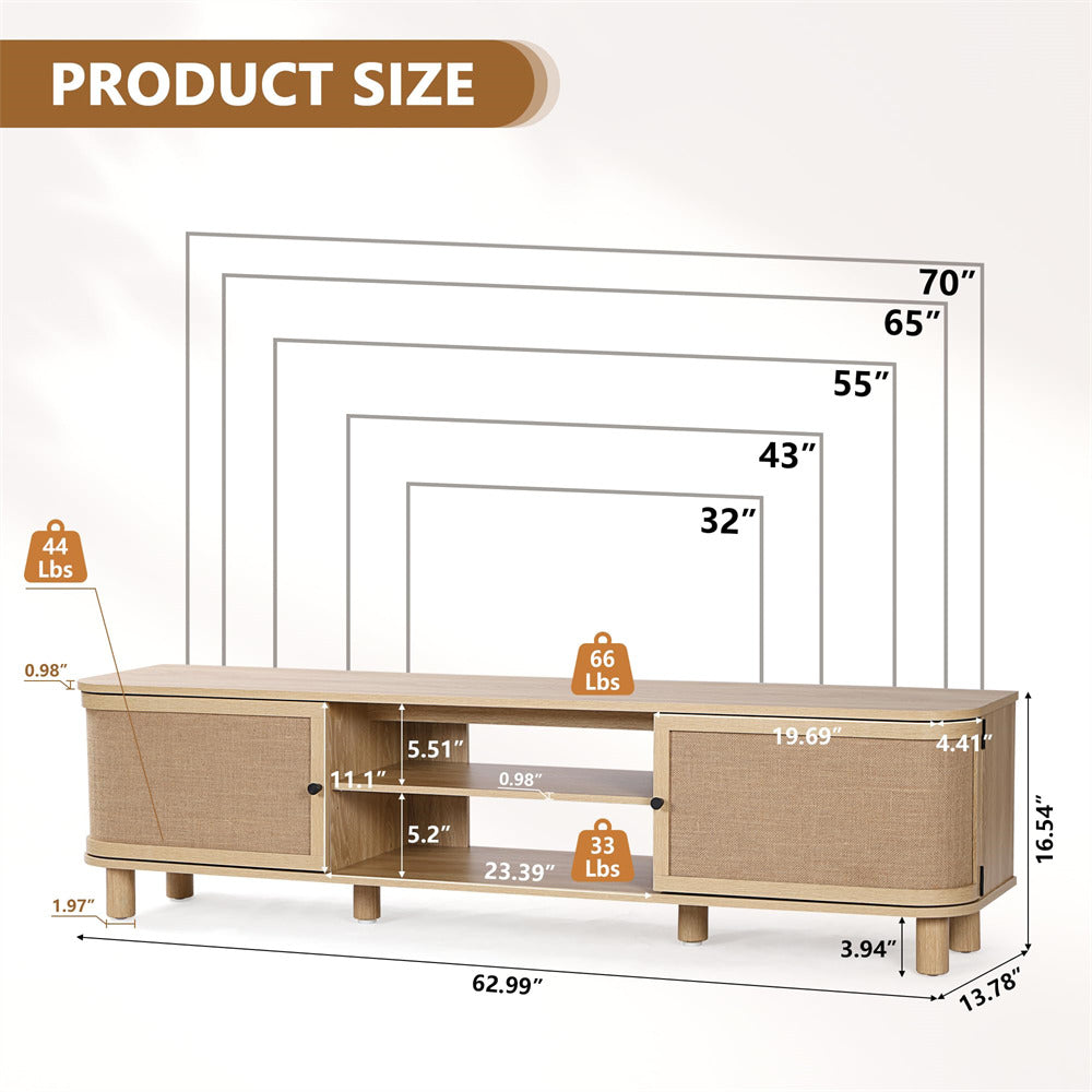 Natural Mid Century Modern TV Stand Media Console Table with Curved Profile Design & Nature Linen Doors