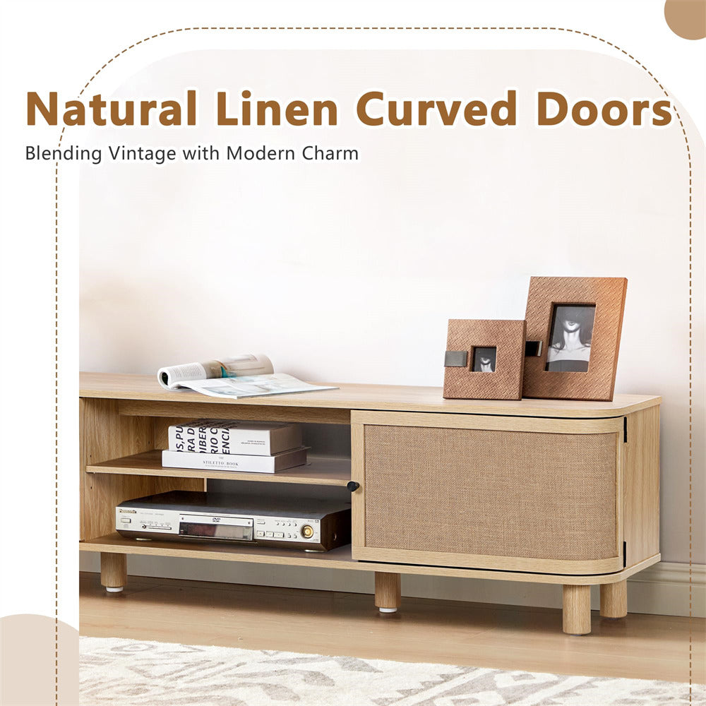 Natural Mid Century Modern TV Stand Media Console Table with Curved Profile Design & Nature Linen Doors
