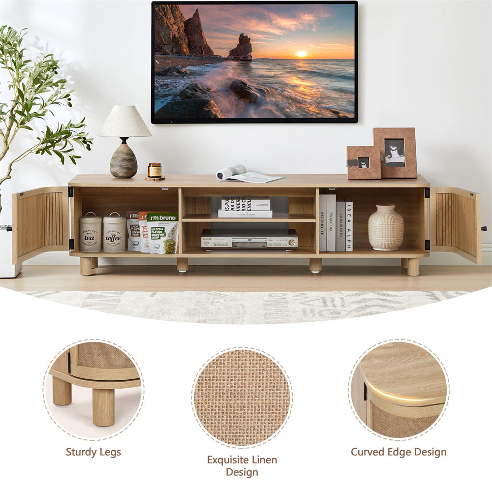 Natural Mid Century Modern TV Stand Media Console Table with Curved Profile Design & Nature Linen Doors