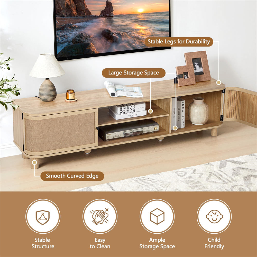 Natural Mid Century Modern TV Stand Media Console Table with Curved Profile Design & Nature Linen Doors