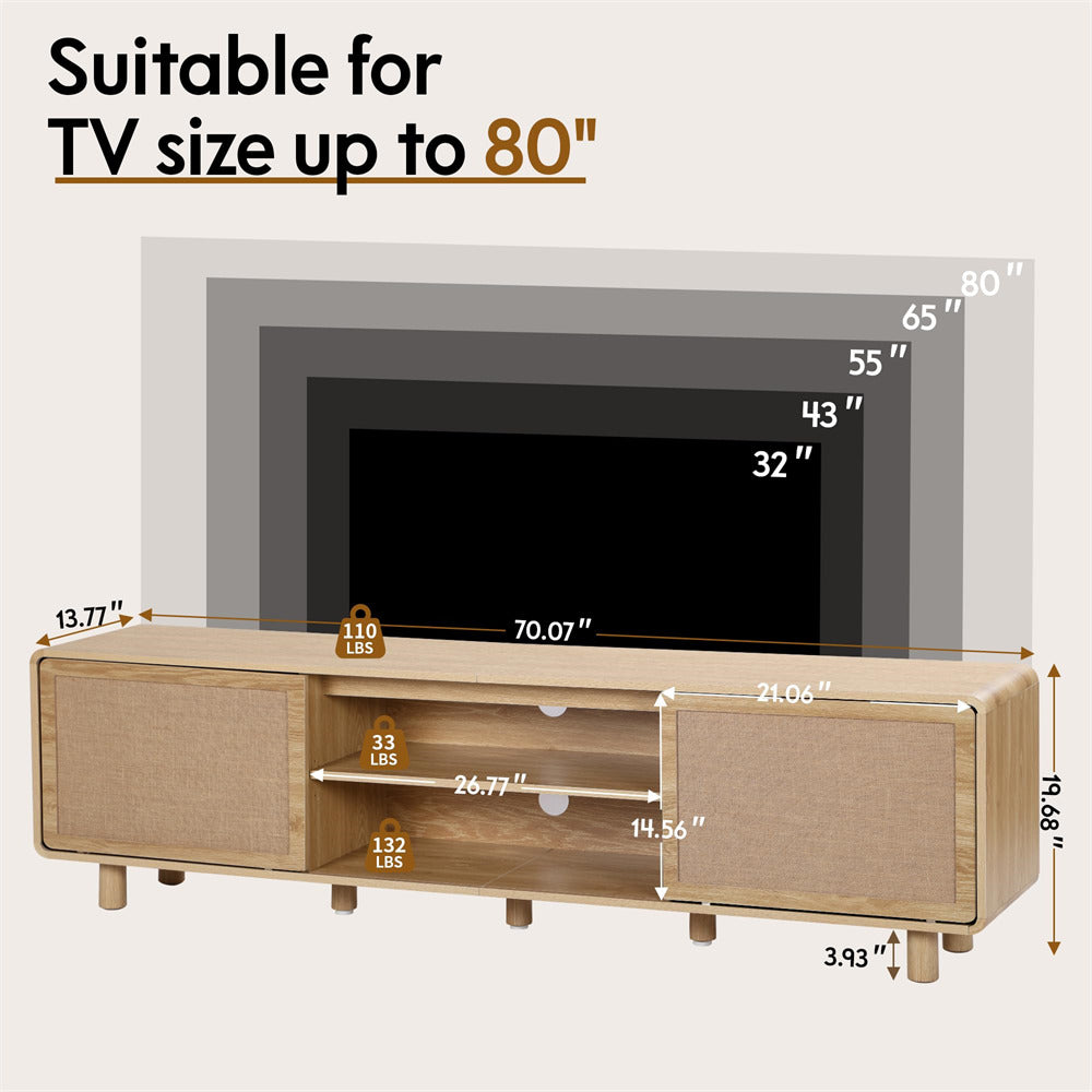 Wooden TV stand with dimensions and weight capacity displayed, suitable for TVs up to 80".