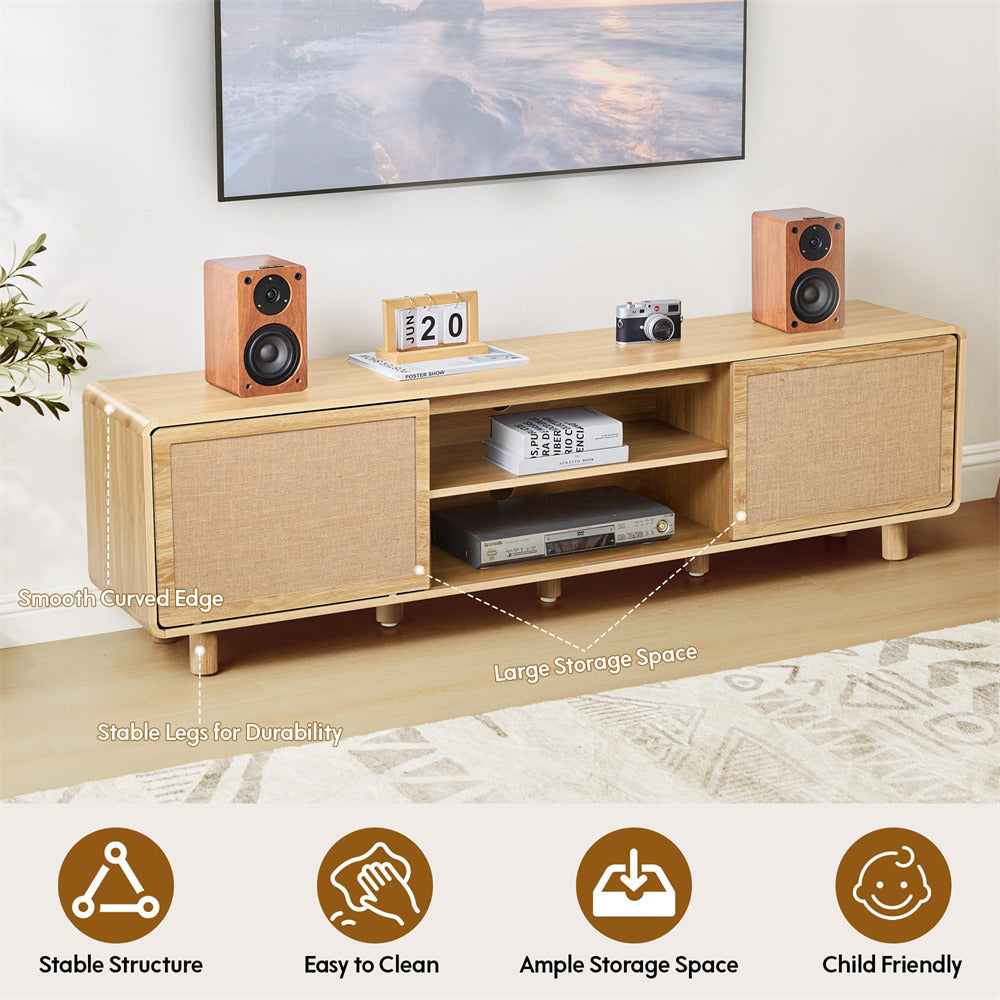 Wooden TV stand with speakers in a living room setting, featuring text labels on stability, cleaning, storage, and child safety.