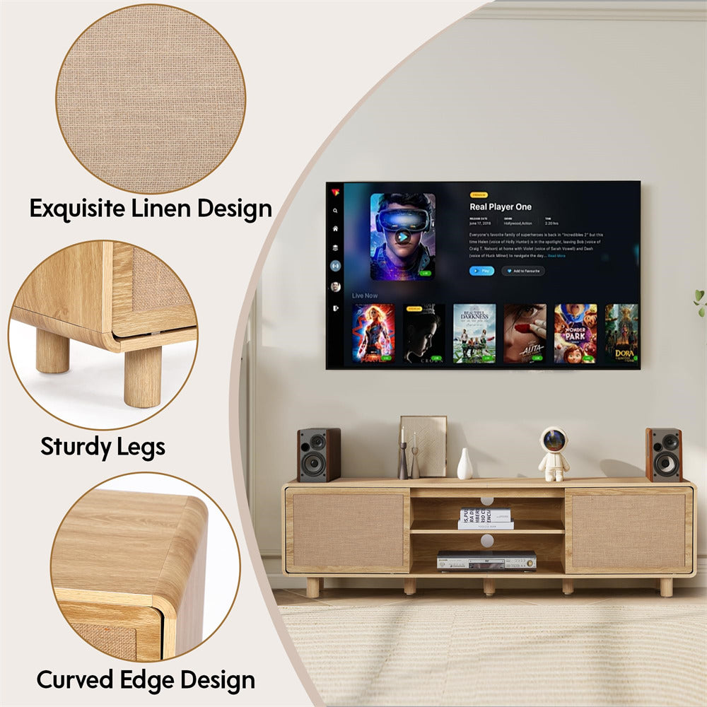 Wooden TV stand with a television displaying content, surrounded by close-ups of its design features.