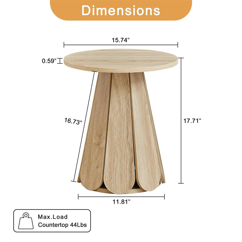 Wooden side table with dimensions labeled on a white background