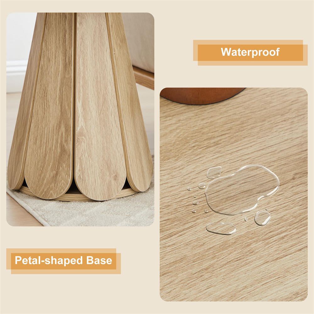 Wooden pet bed with petal-shaped base and waterproof feature shown on a wooden surface.