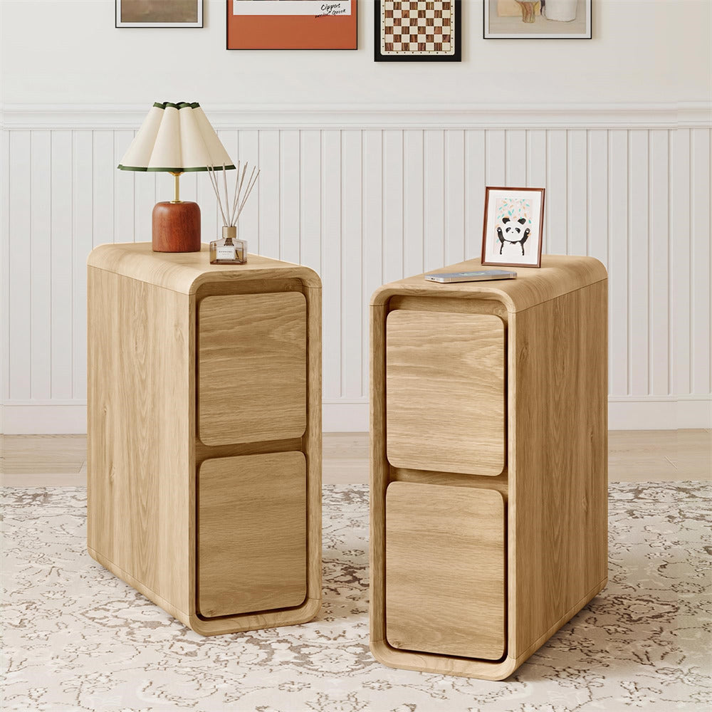 Natural Mid Century Modern Wooden Small Nightstand Set of 2 Slim End Table Curved Profile Design
