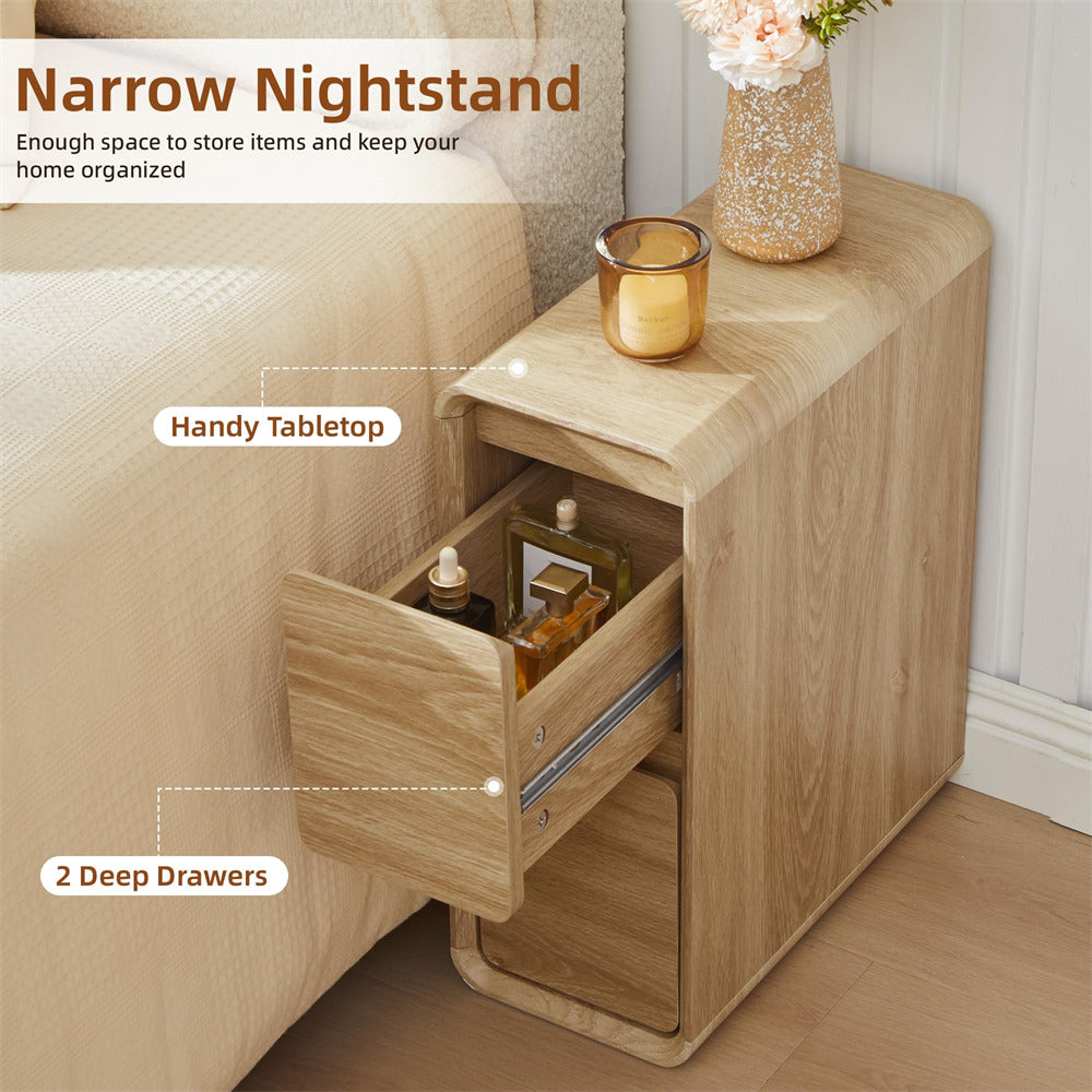Natural Mid Century Modern Wooden Small Nightstand Slim End Table Curved Profile Design