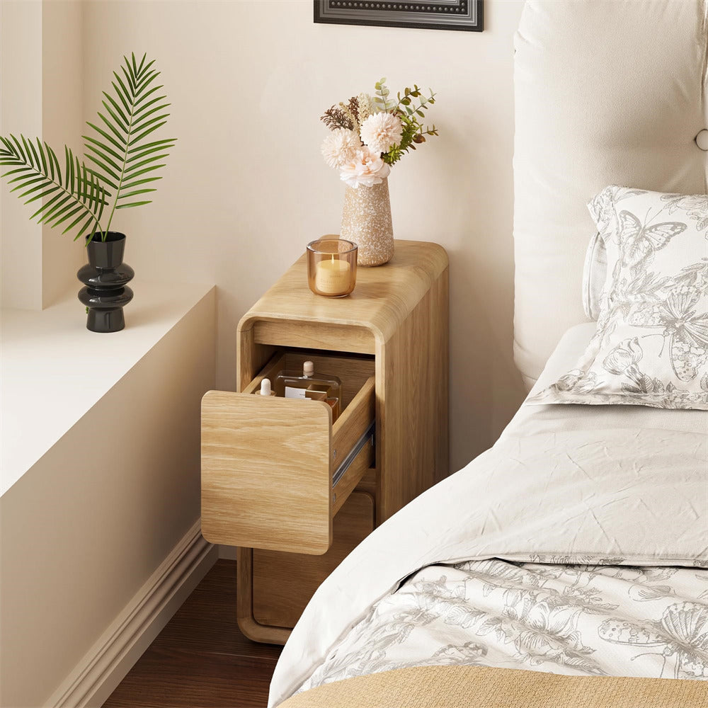 Natural Mid Century Modern Wooden Small Nightstand Slim End Table Curved Profile Design