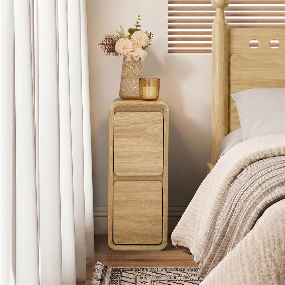 Natural Mid Century Modern Wooden Small Nightstand Slim End Table Curved Profile Design