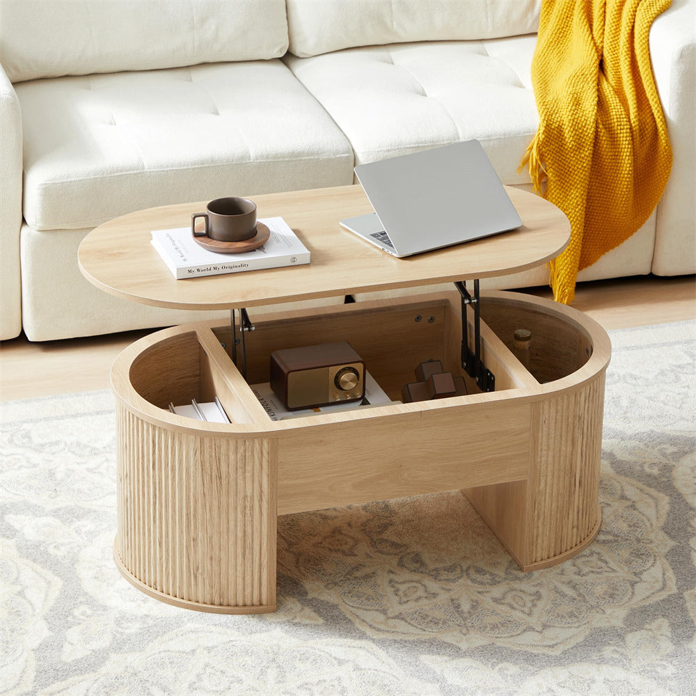Natural Mid Century Oval Wood Fluted Lift Top Coffee Table with Hidden Compartment