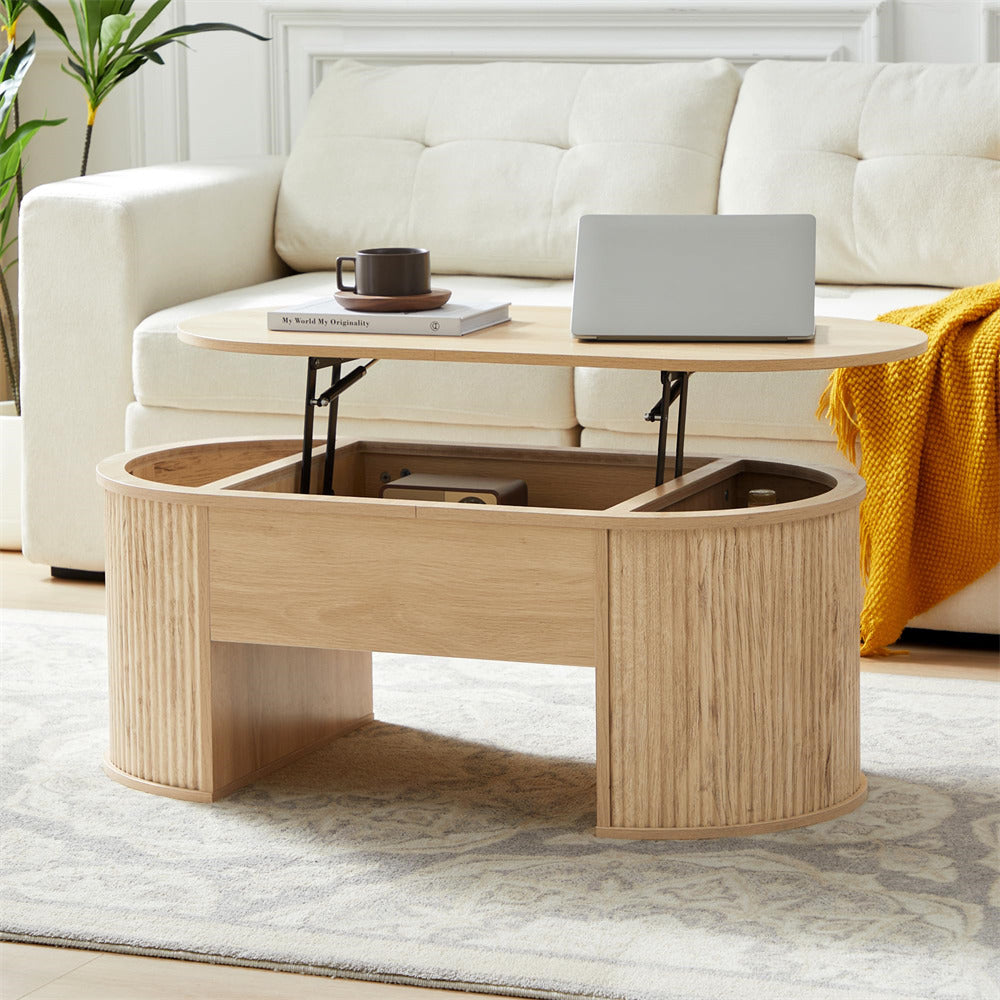 Natural Mid Century Oval Wood Fluted Lift Top Coffee Table with Hidden Compartment