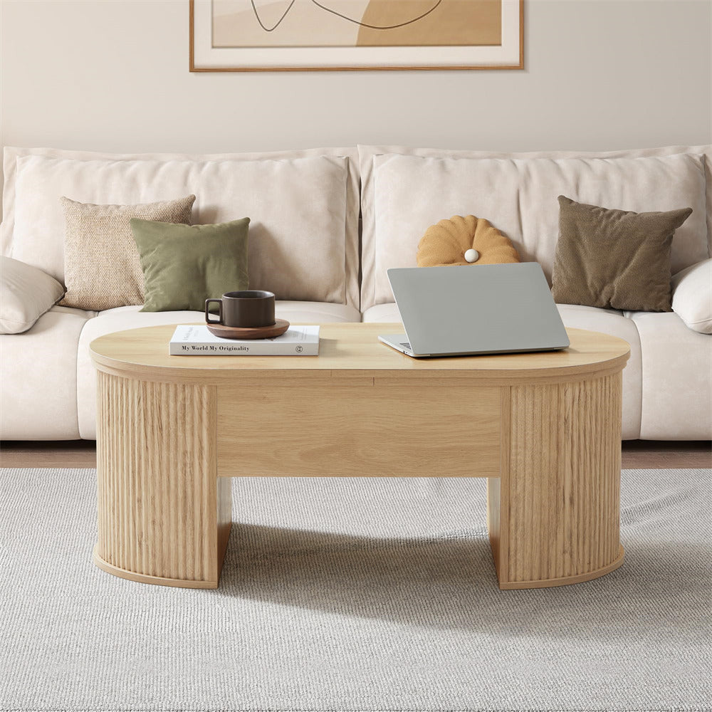 Natural Mid Century Oval Wood Fluted Lift Top Coffee Table with Hidden Compartment