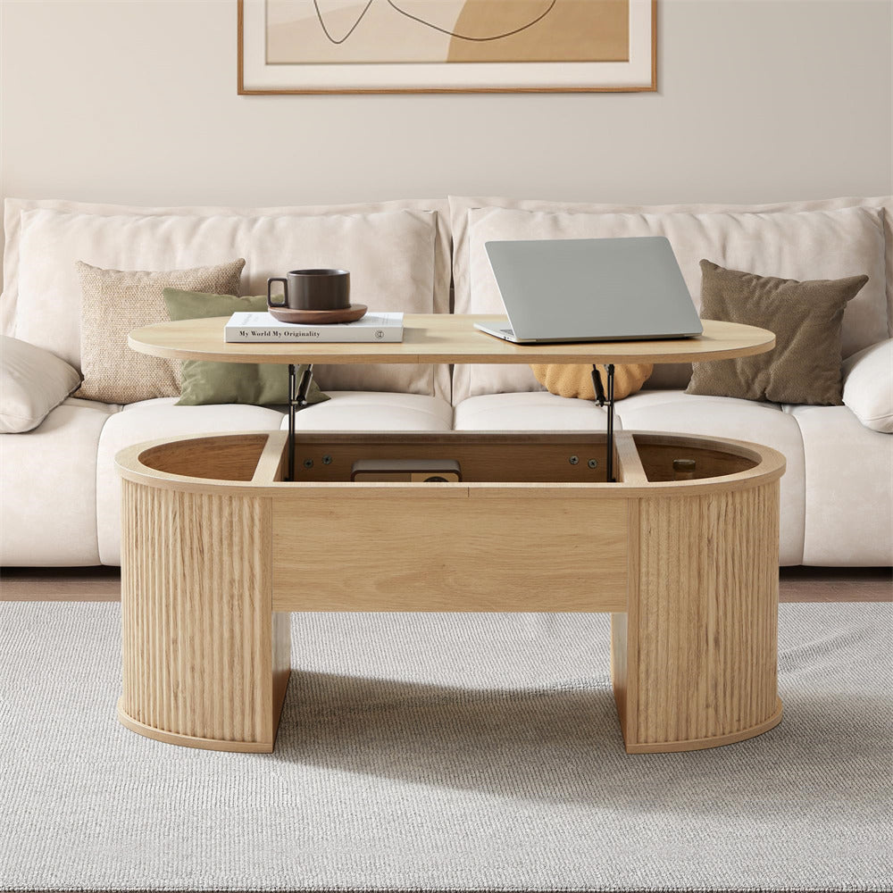 Natural Mid Century Oval Wood Fluted Lift Top Coffee Table with Hidden Compartment