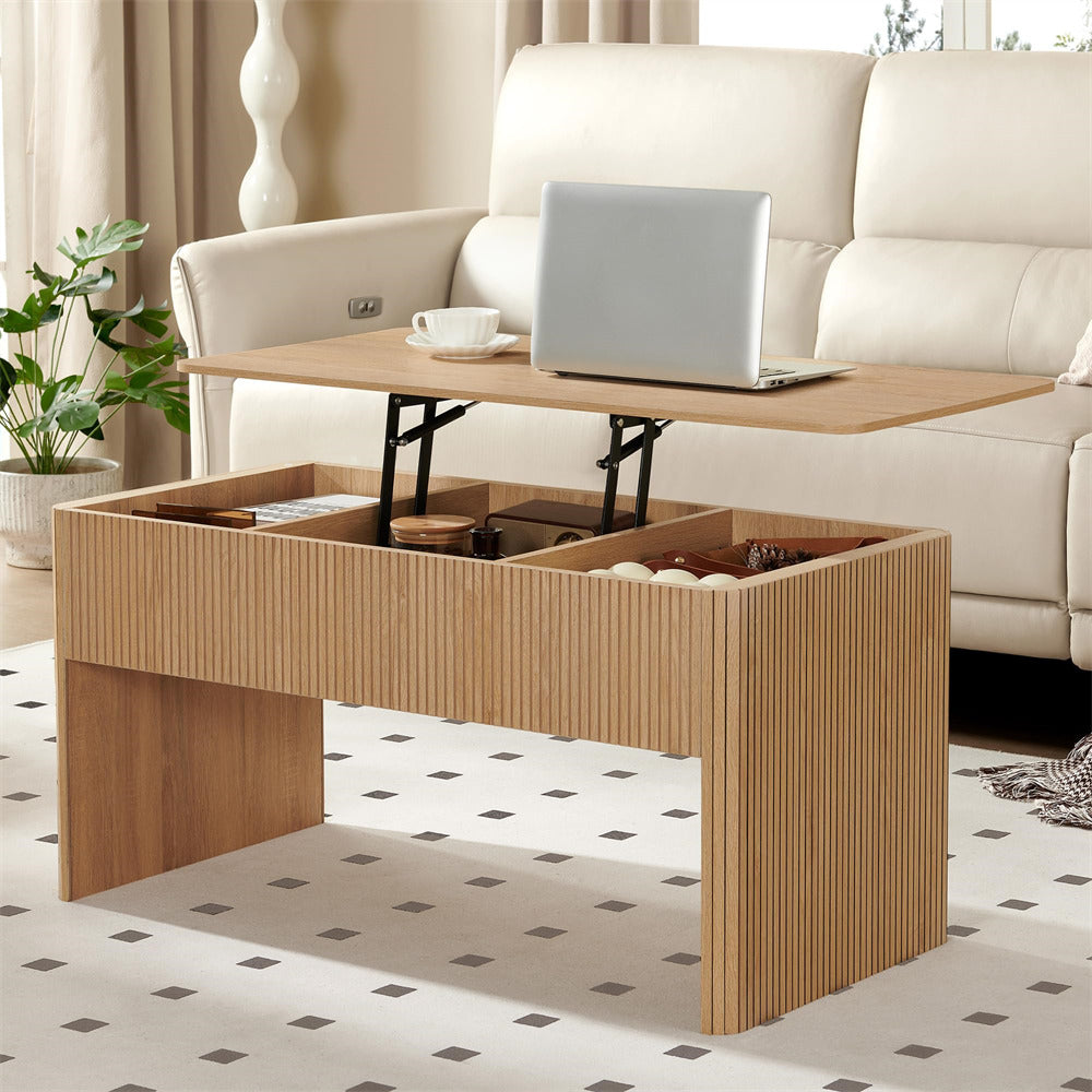 Wooden coffee table with lift-top feature in a living room setting