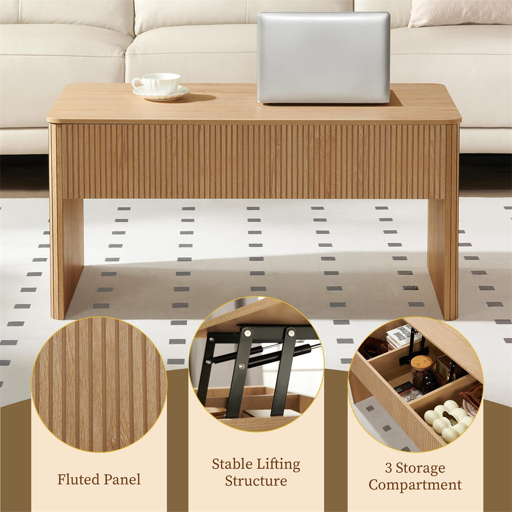 Wooden coffee table with laptop, cup, and saucer on a living room setting.