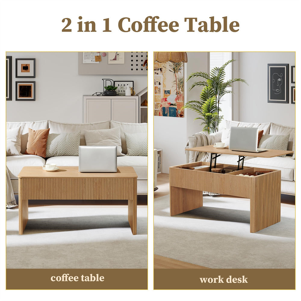 Two images of a 2-in-1 coffee table transforming into a work desk in a living room setting.