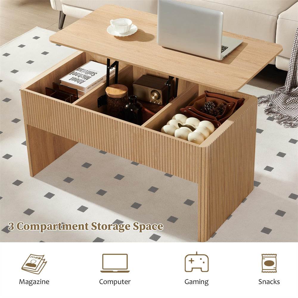 Wooden coffee table with lift-top design, showing compartments and items on a patterned rug.