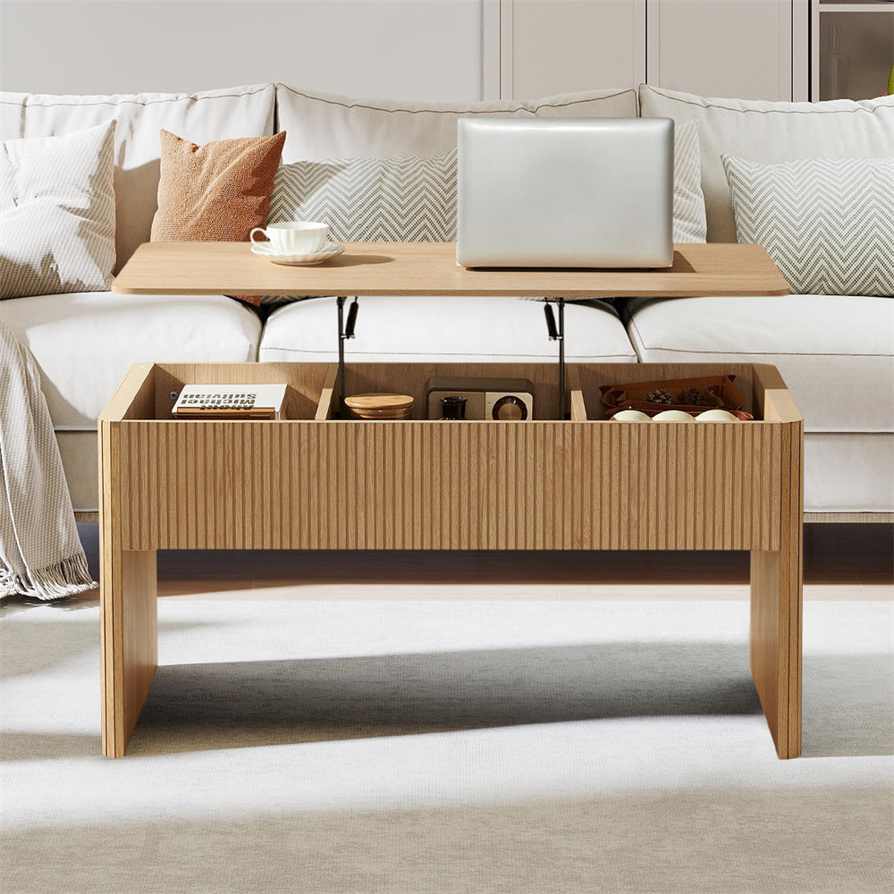 Wooden coffee table with storage compartments in a living room setting.