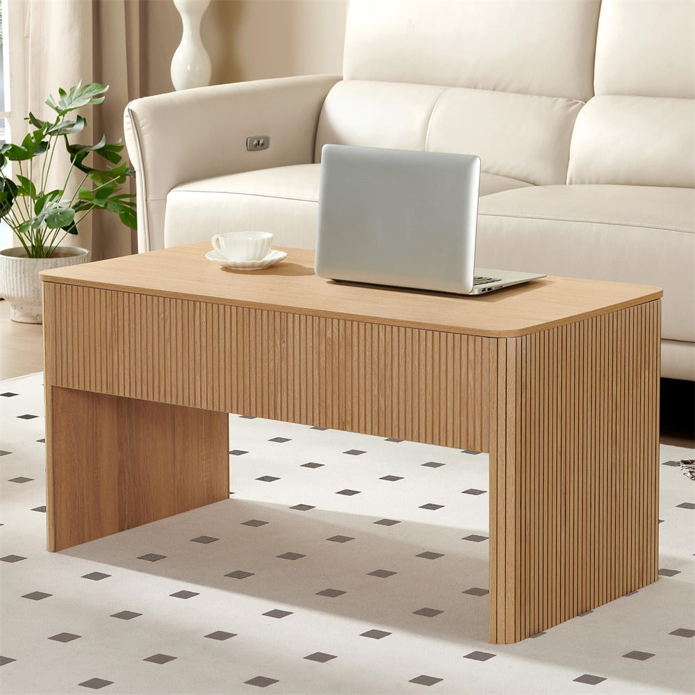 Wooden coffee table with a laptop and cup in a living room setting