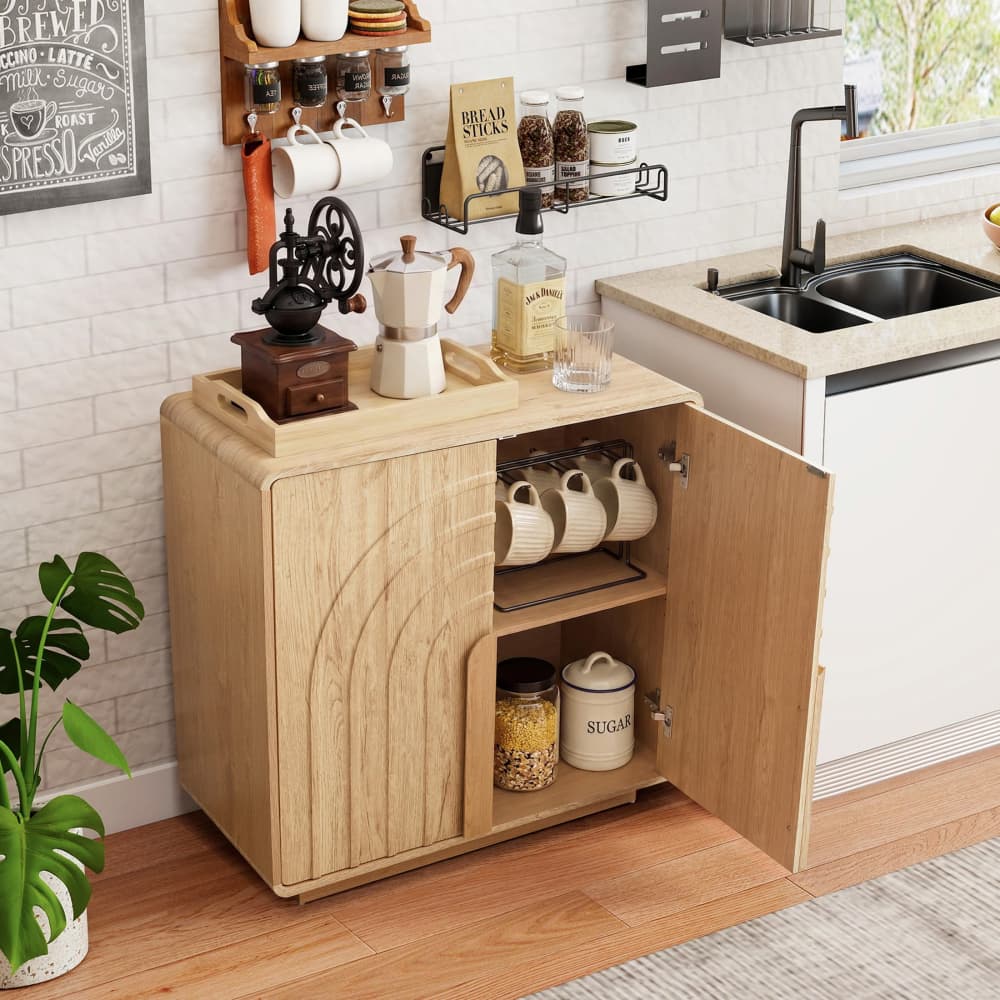 Natural Modern 2 Door Storage Cabinet Sideboard with Arched Fluted Door Design