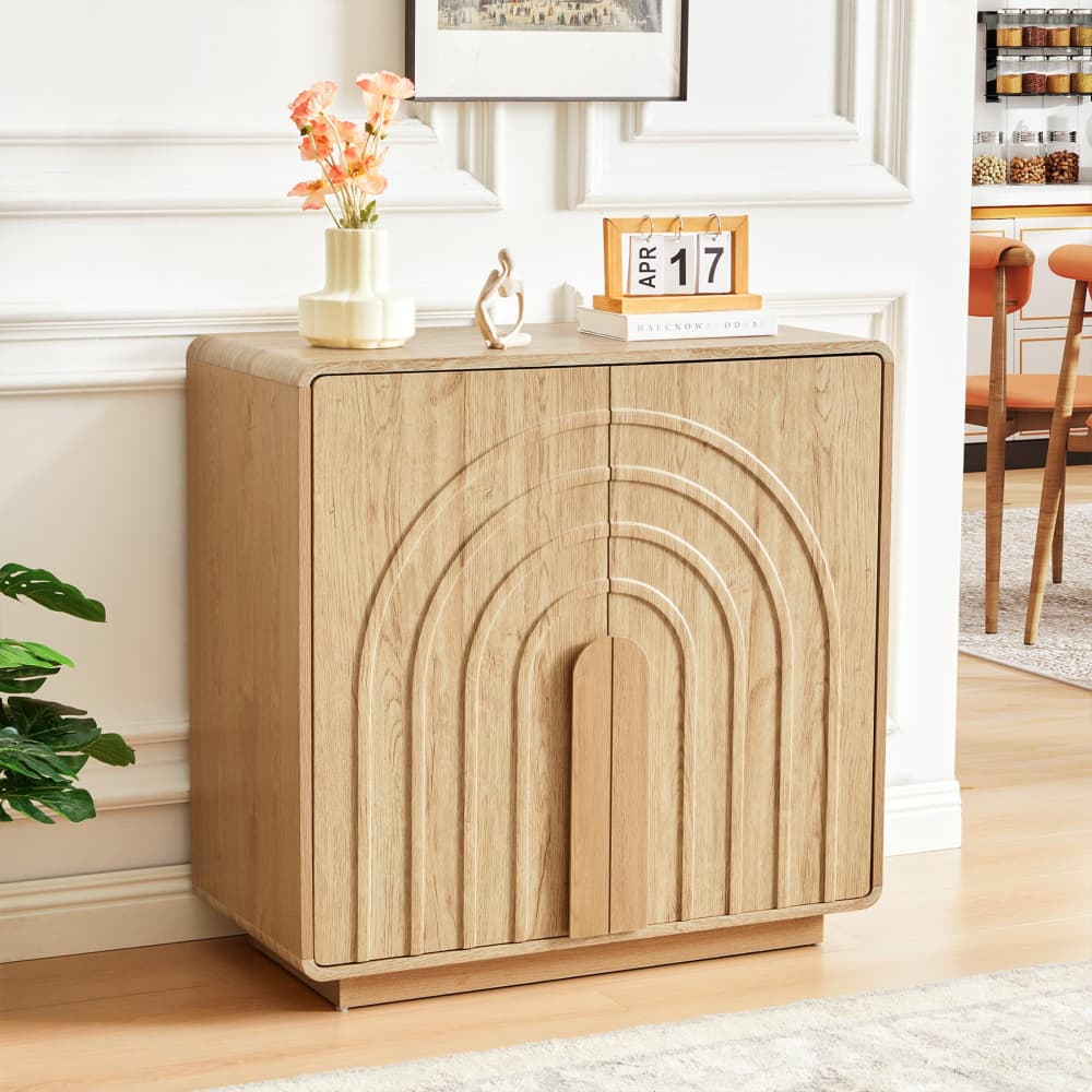 Natural Modern 2 Door Storage Cabinet Sideboard with Arched Fluted Door Design