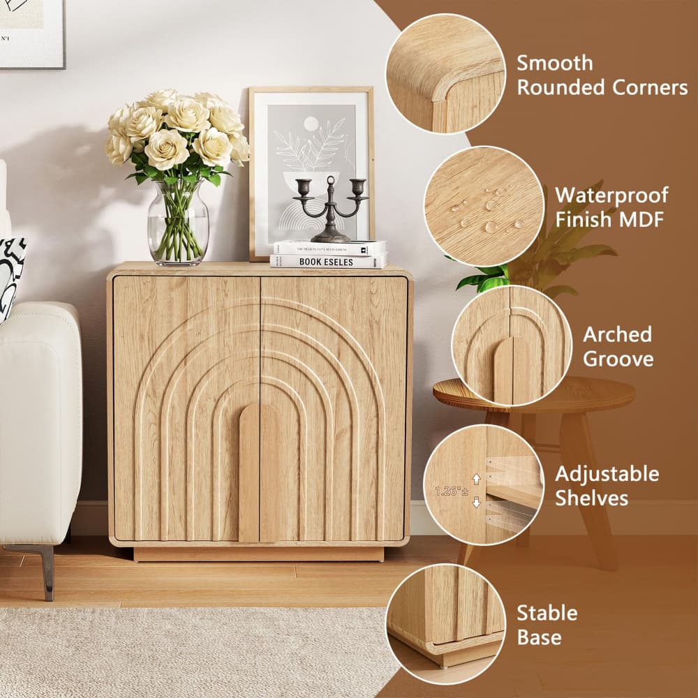 Natural Modern 2 Door Storage Cabinet Sideboard with Arched Fluted Door Design