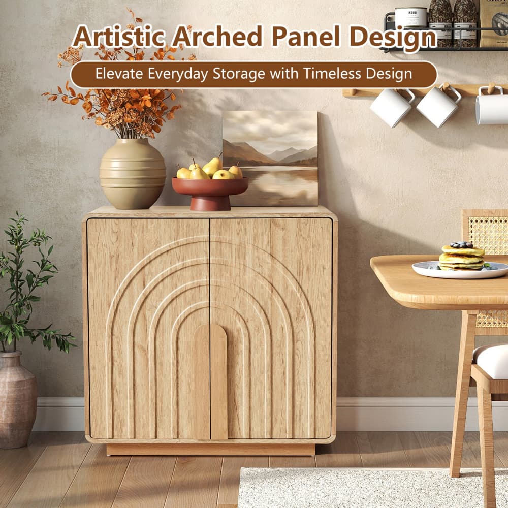Natural Modern 2 Door Storage Cabinet Sideboard with Arched Fluted Door Design