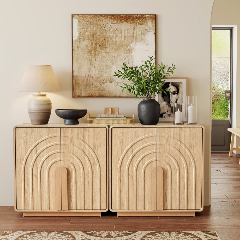 Natural Modern 2 Door Storage Cabinet Sideboard with Arched Fluted Door Design