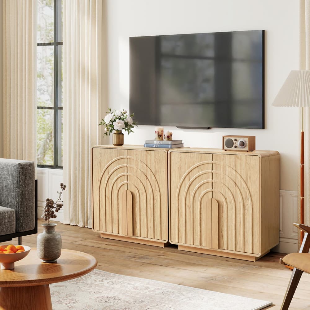 Natural Modern 2 Door Storage Cabinet Sideboard with Arched Fluted Door Design
