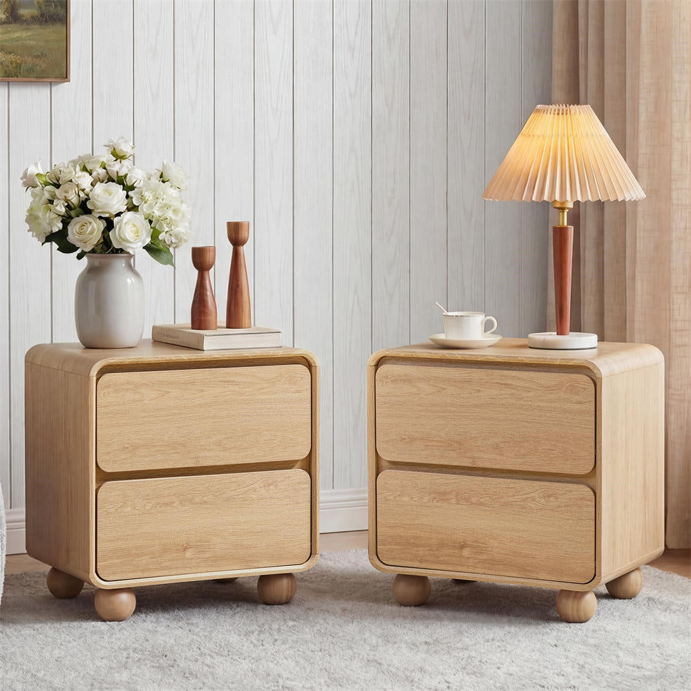 Two wooden nightstands with decorative items in a room setting.
