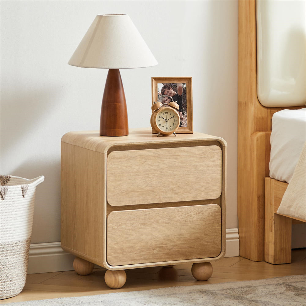 Natural Modern 2 Drawer Nightstand Small Wooden Dresser Handle Free & Curved Profile Design