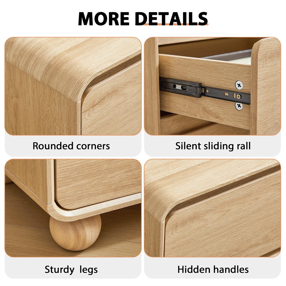 Wooden drawer with features labeled: rounded corners, silent sliding rail, sturdy legs, and hidden handles.