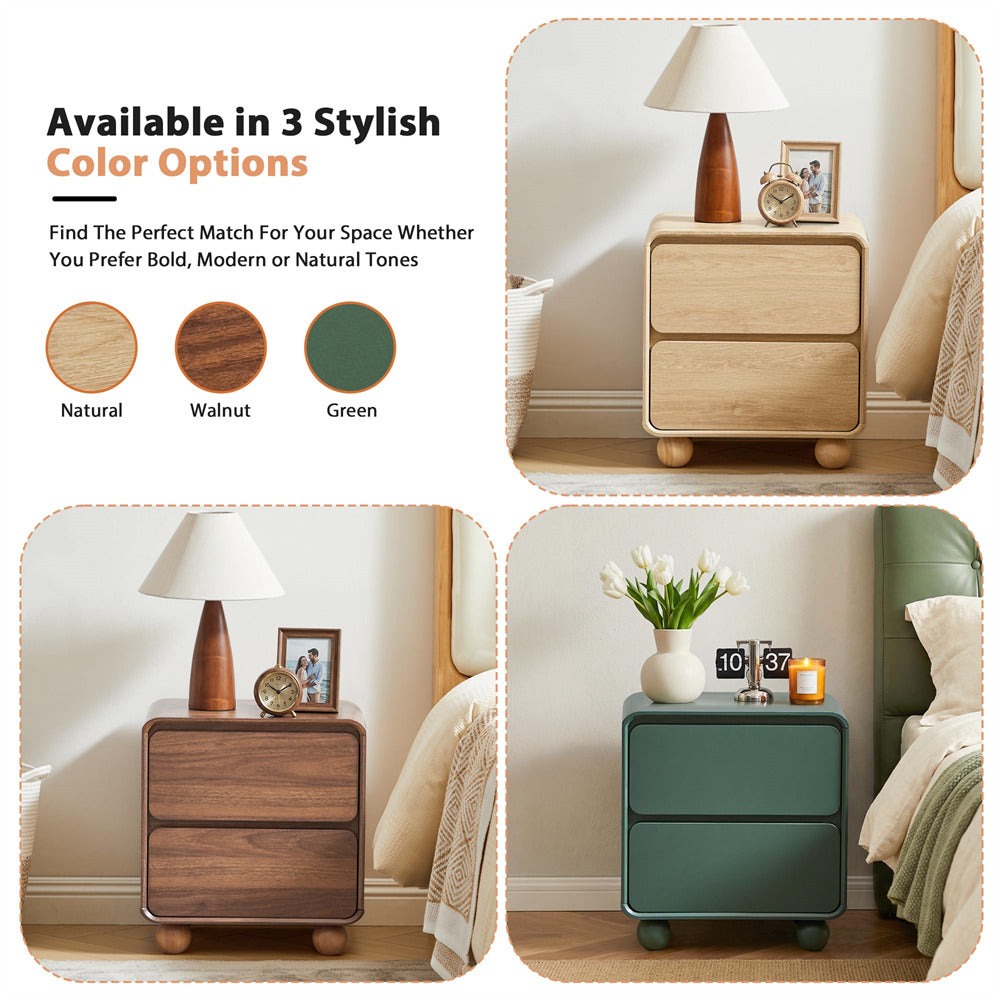 Bedside tables in natural, walnut, and green colors with decorative items in a bedroom setting.