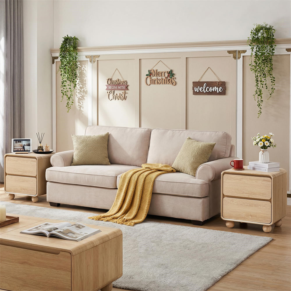 Living room with beige sofa, wooden coffee table, and decorative elements.