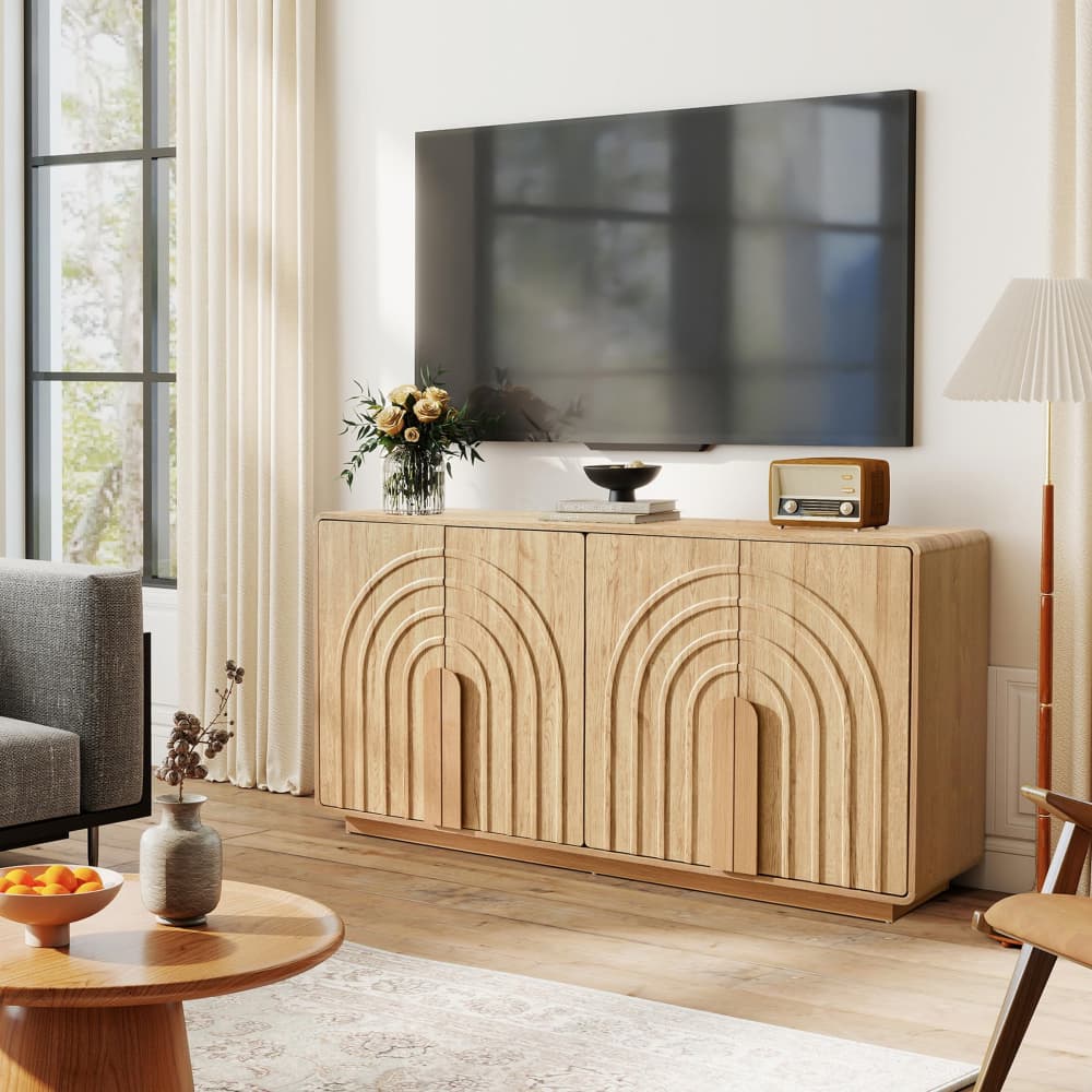 Natural Modern 4 Door Storage Cabinet Sideboard with Arched Fluted Door Design