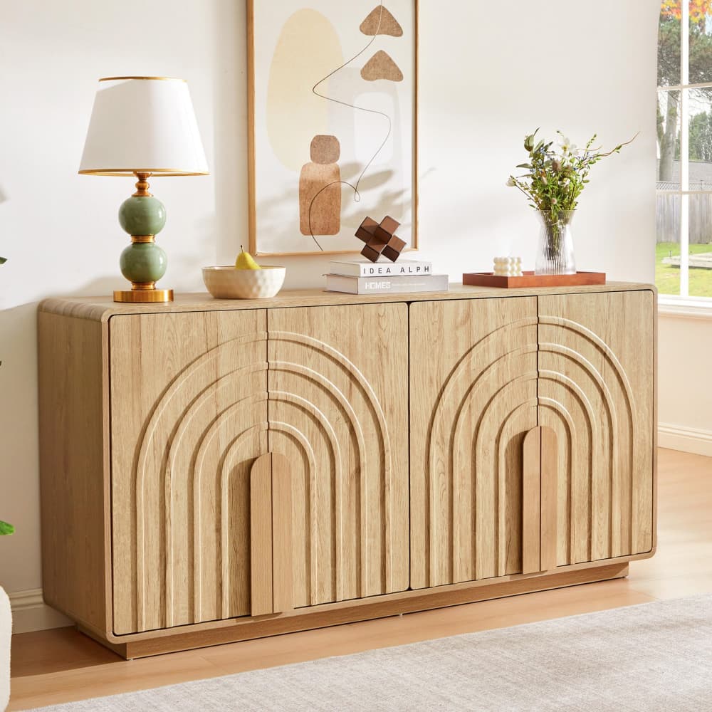 Natural Modern 4 Door Storage Cabinet Sideboard with Arched Fluted Door Design