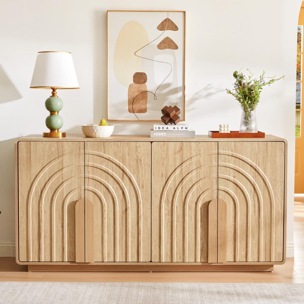 Natural Modern 4 Door Storage Cabinet Sideboard with Arched Fluted Door Design