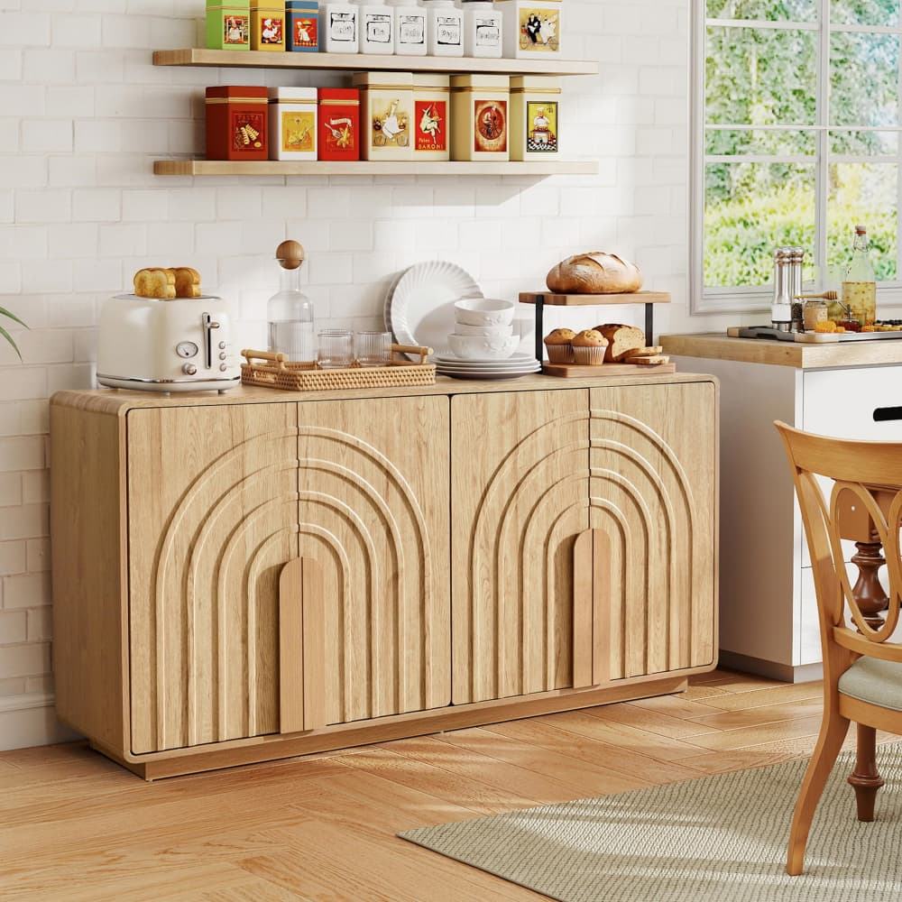 Natural Modern 4 Door Storage Cabinet Sideboard with Arched Fluted Door Design