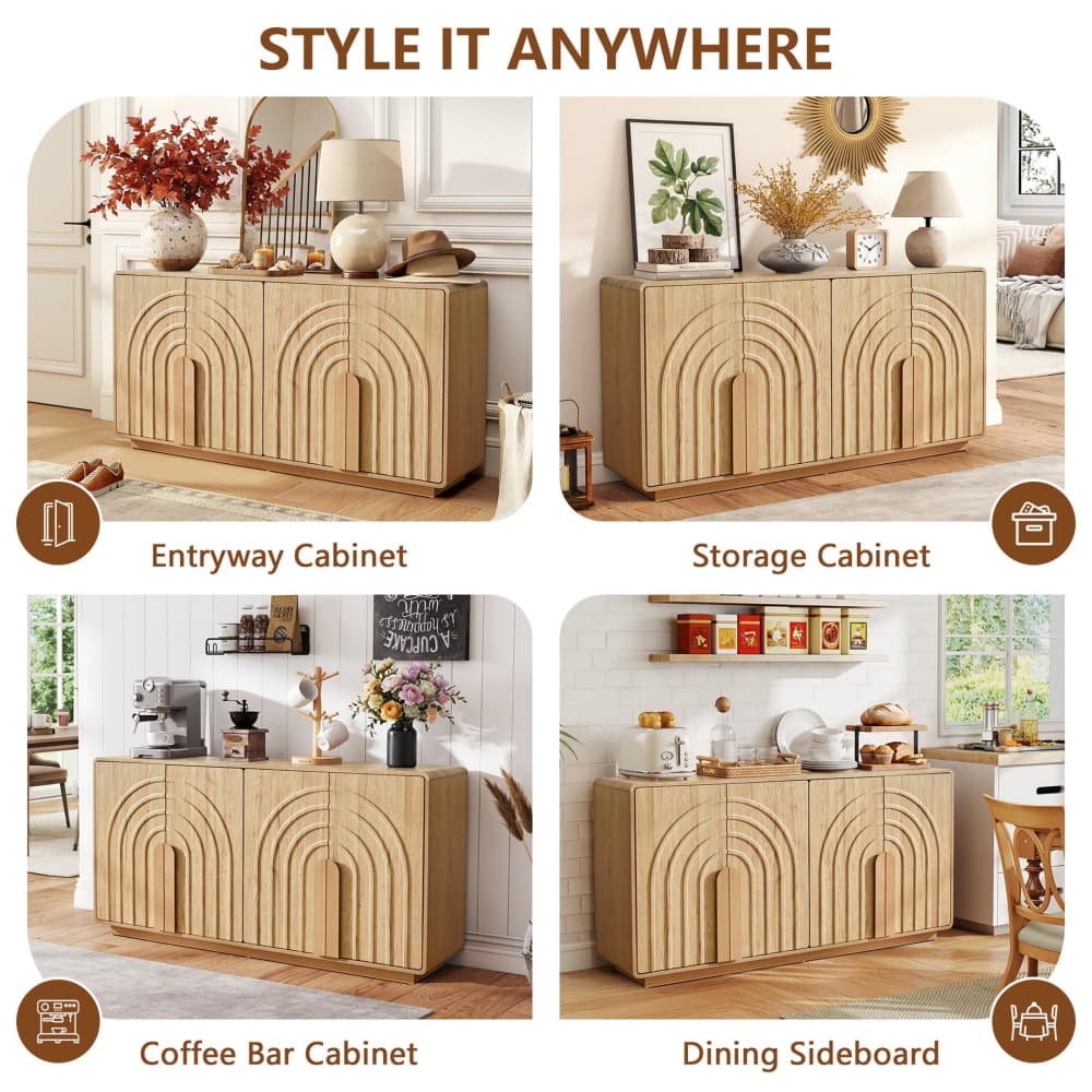 Natural Modern 4 Door Storage Cabinet Sideboard with Arched Fluted Door Design